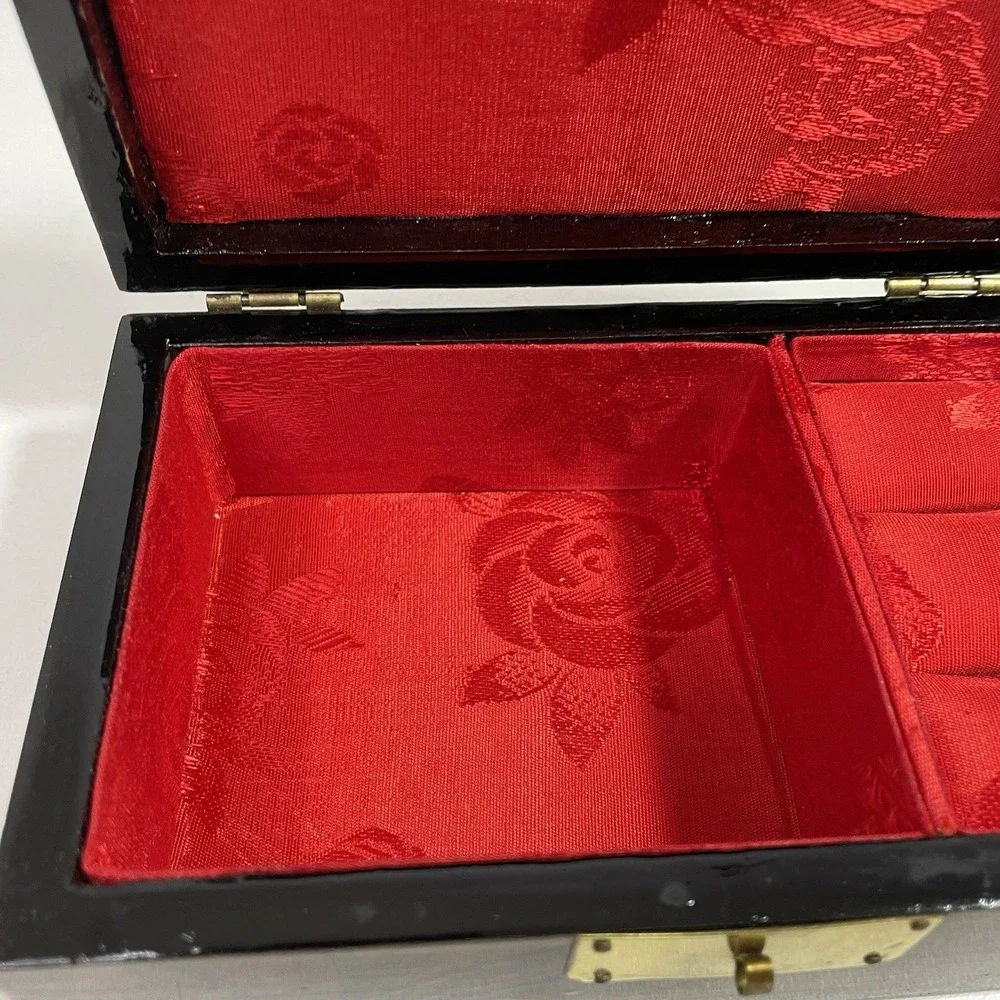 VTG Carved Crane Glazed Wooden Jewelry Trinket Box Red Lining Republic of China